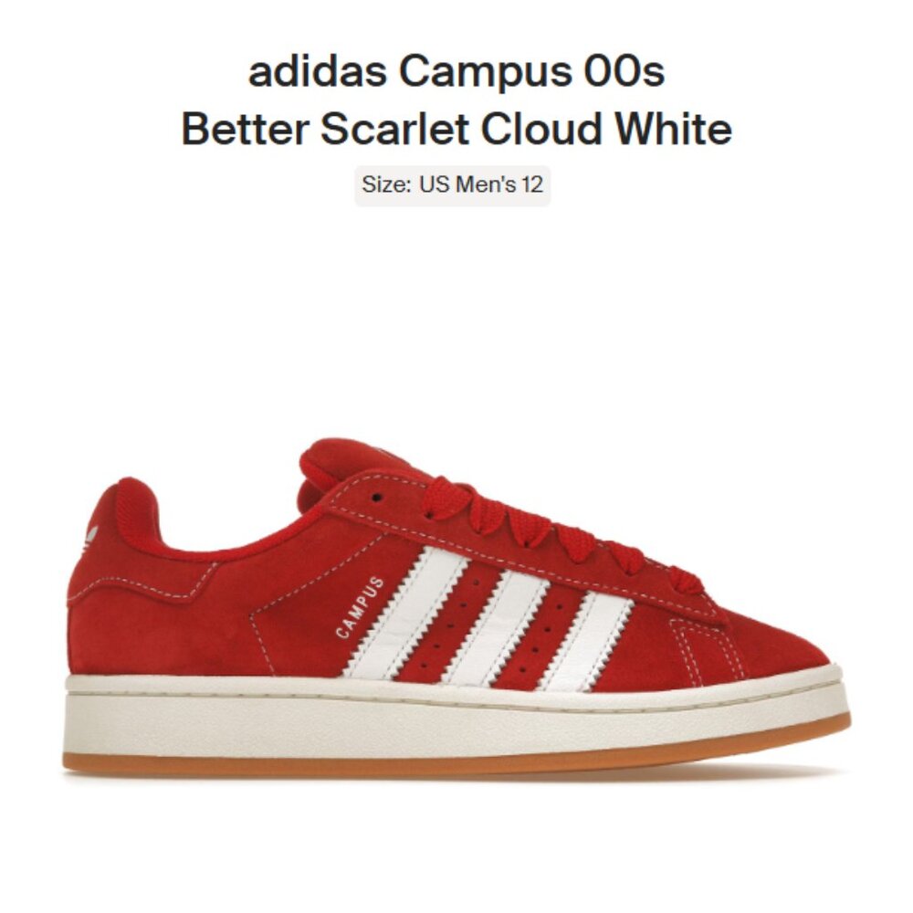 Size 12 - Adidas Campus 00s Better Scarlet Cloud White - H03474 - AUTHENTIC NEW!